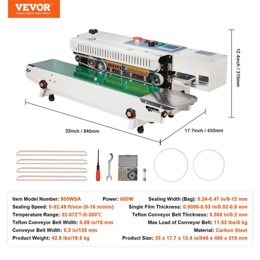 VEVOR Continuous Bag Band Sealing Machine Horizontal Band Sealer with Inflation,-$220