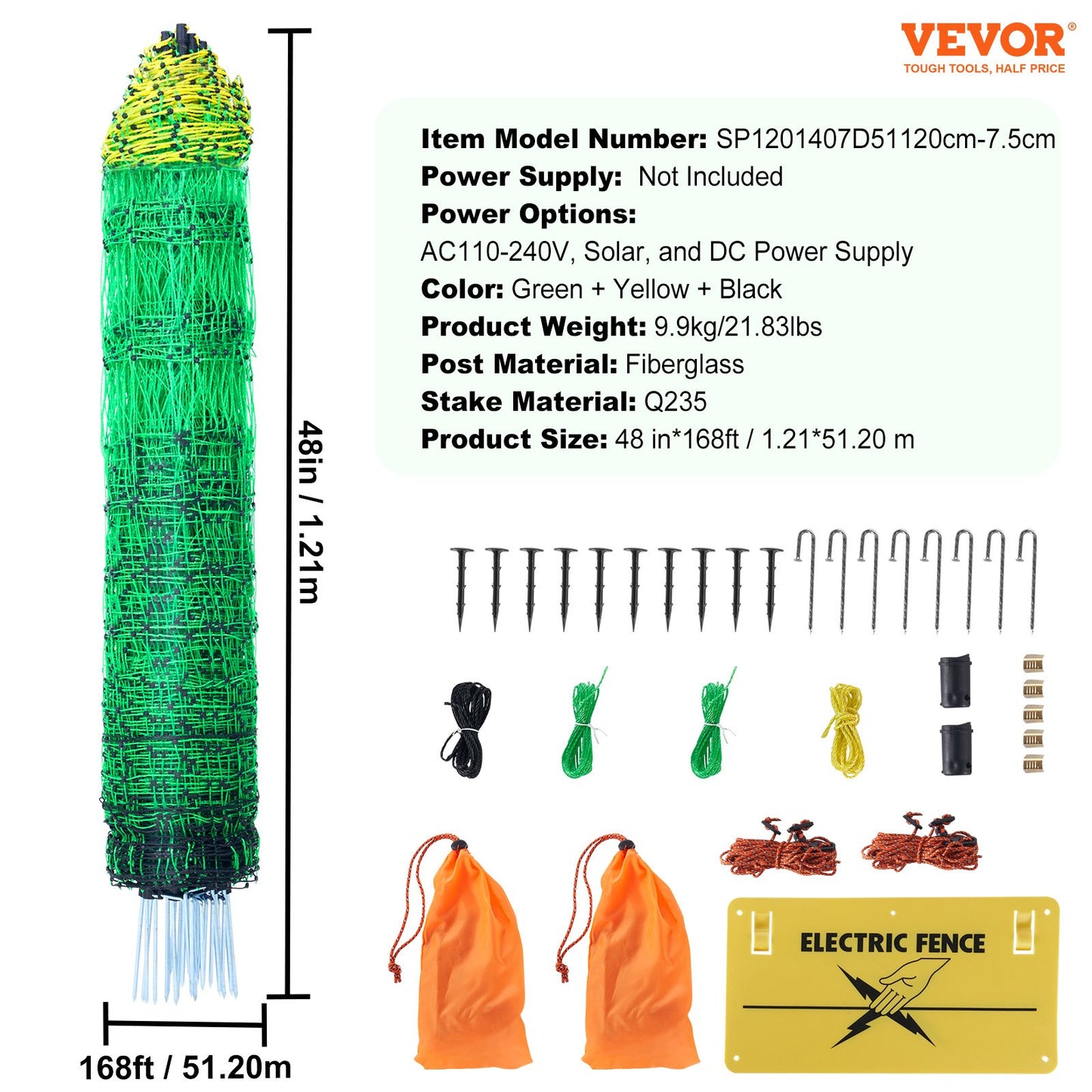 VEVOR Electric Fence Netting, 48" H x 168' L, PE Net Fencing Kit with Posts & Double-Spiked Stakes,-$150