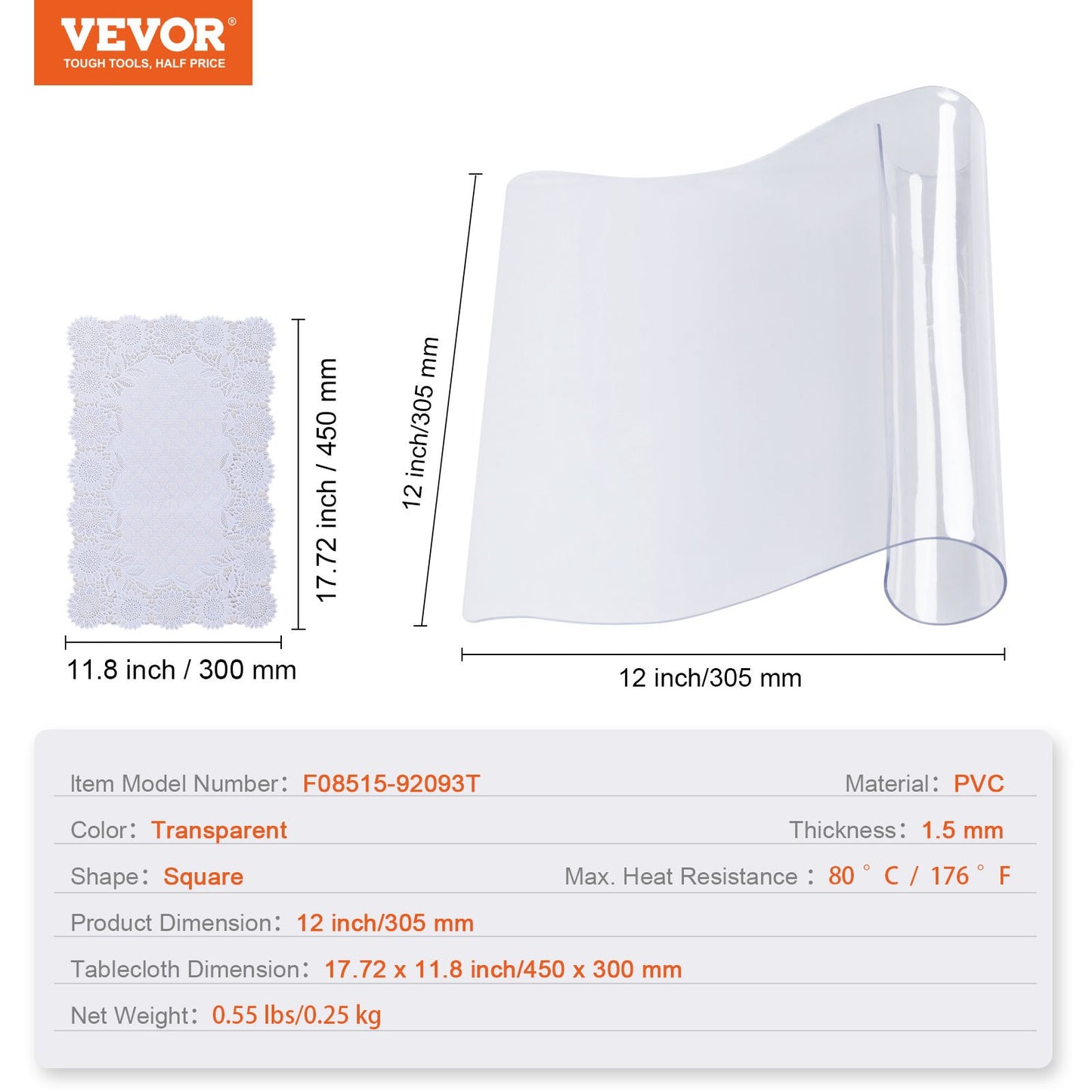 VEVOR Clear Table Cover Protector, 12" x12"/305 x 305 mm Table Cover, 1.5 mm Thick PVC Plastic Tablecloth,-$10