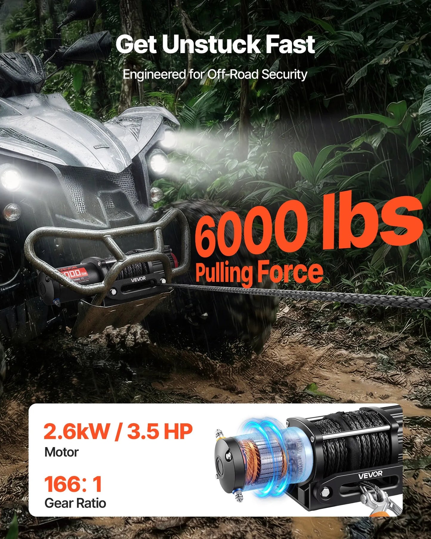 VEVOR 6000 lbs Electric Winch, 12V DC ATV/UTV Winch with Φ0.24 in x 49.2 ft Synthetic Rope,-$150
